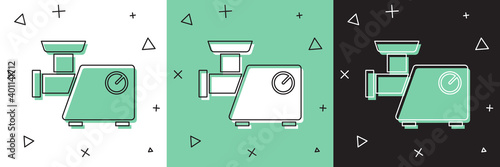 Set Kitchen meat grinder icon isolated on white and green, black background. Vector.