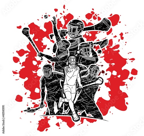Group of Hurling sport players action. Irish Hurley sport cartoon graphic vector.