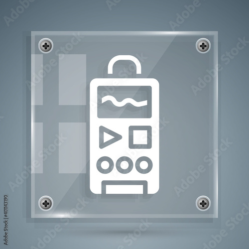 White Dictaphone icon isolated on grey background. Voice recorder. Square glass panels. Vector.