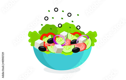 Greek salad. Fresh vegetable salad in a large bowl. Healthy food concept. Flat style