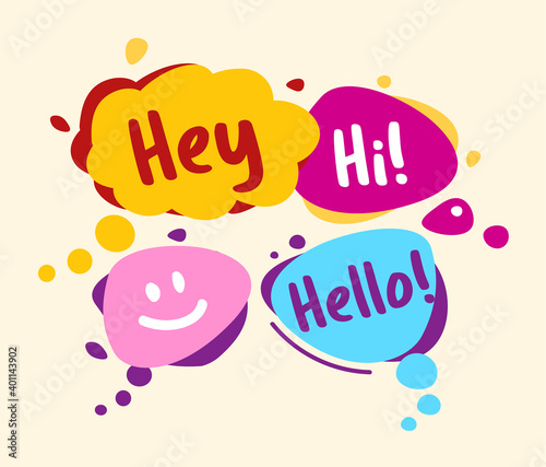 Concept speech bubbles in comic style. Hey, hello, hi, smile. Bright color talking bubbles on light background. Vector illustration