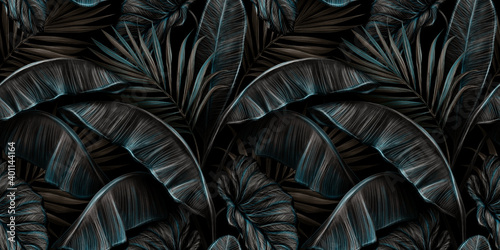 Wallpaper Mural Tropical exotic seamless pattern with dark blue and brown vintage banana leaves, palm and colocasia. Hand-drawn 3D illustration. Good for production wallpapers, cloth, fabric printing, goods. Torontodigital.ca