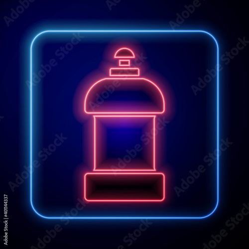 Glowing neon Plastic bottle for laundry detergent, bleach, dishwashing liquid or another cleaning agent icon isolated on blue background. Vector.