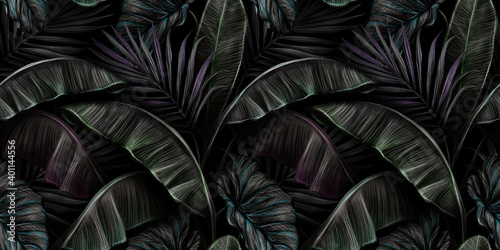 Tropical exotic seamless pattern with dark color vintage banana leaves, palm leaves and colocasia. Hand-drawn 3D illustration. Good for production wallpapers, cloth, fabric printing, goods.