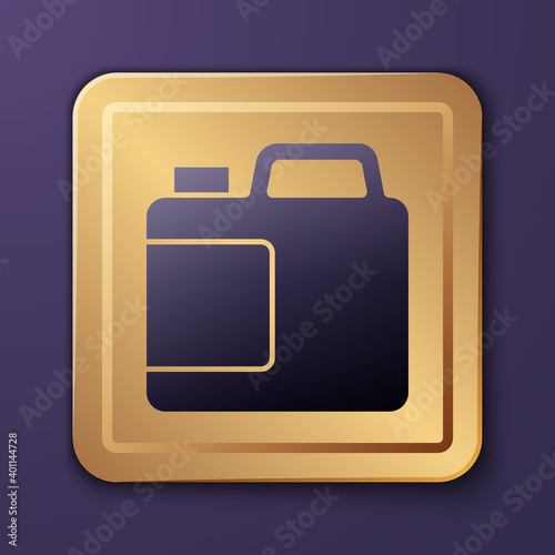 Purple Plastic bottle for laundry detergent, bleach, dishwashing liquid or another cleaning agent icon isolated on purple background. Gold square button. Vector.