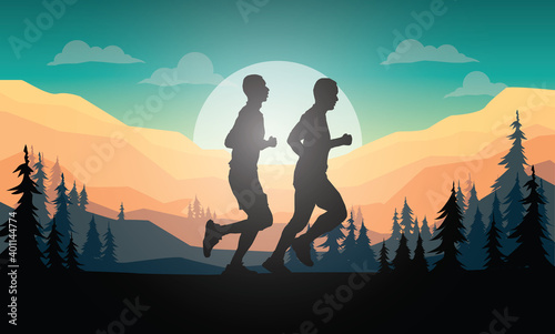 Running silhouettes. Vector illustration, Trail Running, Marathon runner.	