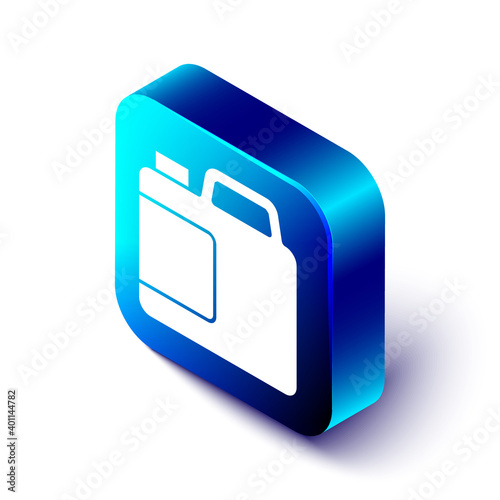 Isometric Plastic bottle for laundry detergent, bleach, dishwashing liquid or another cleaning agent icon isolated on white background. Blue square button. Vector.