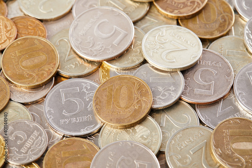 Background of Russian money rubles and coins (kopecks). 10, 5, 2, 1 rubles, 50 10 kopecks, macro closeup. Money concept. 