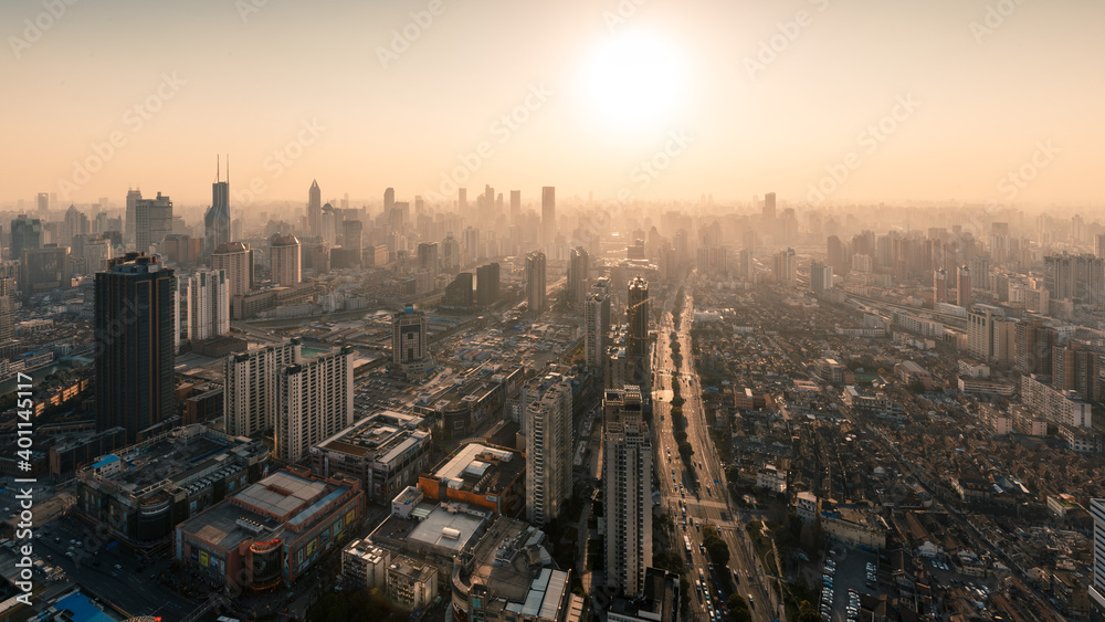Sunset cityscapes of the skyline in Shanghai, China