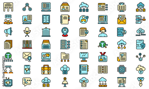 Customer database icons set. Outline set of customer database vector icons thin line color flat on white