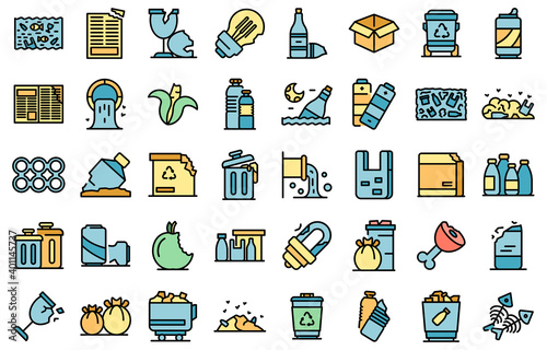 Waste icons set. Outline set of waste vector icons thin line color flat on white