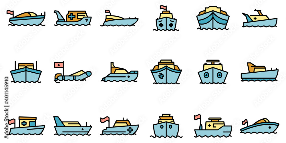 Rescue boat icons set. Outline set of rescue boat vector icons thin line color flat on white