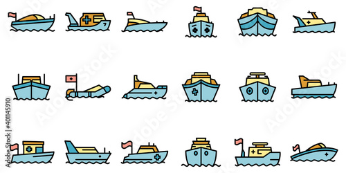 Rescue boat icons set. Outline set of rescue boat vector icons thin line color flat on white