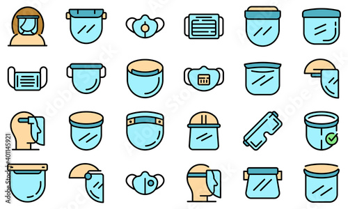 Face shield icons set. Outline set of face shield vector icons thin line color flat on white