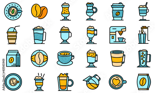 Latte icons set. Outline set of latte vector icons thin line color flat on white