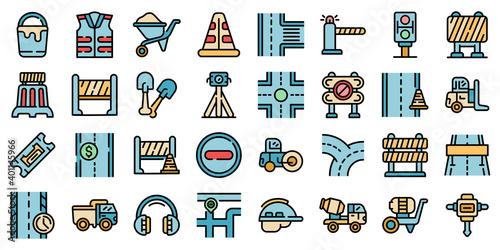 Highway construction icons set. Outline set of highway construction vector icons thin line color flat on white
