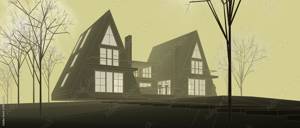townhouse architectural sketch 3d illustration - obrazy, fototapety, plakaty 