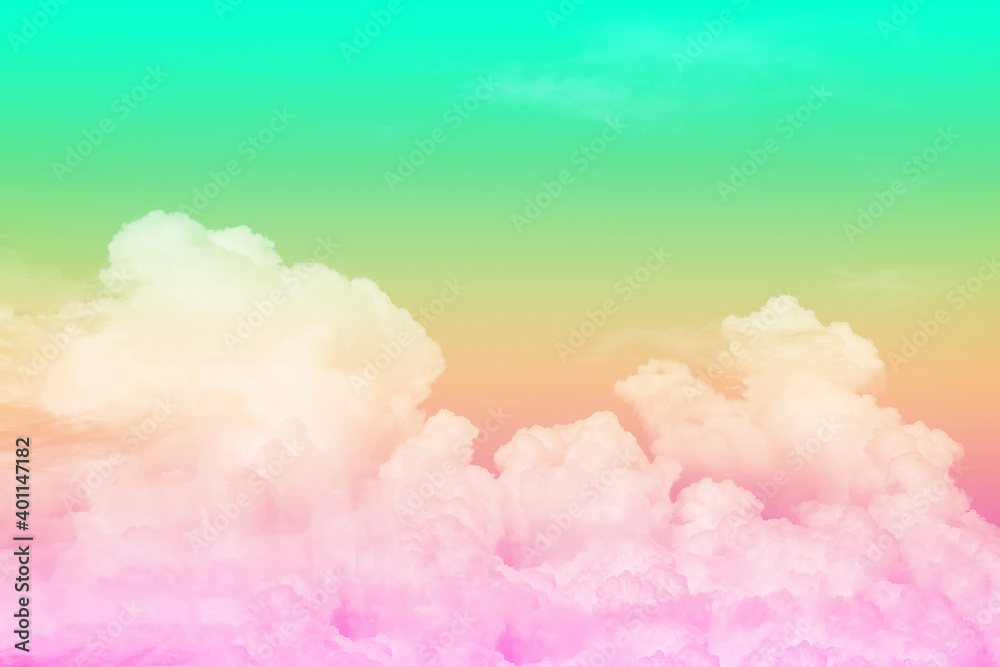 Fototapeta premium Sky pastel or rainbow color green, orange, pink. beautiful natural white clouds for background.