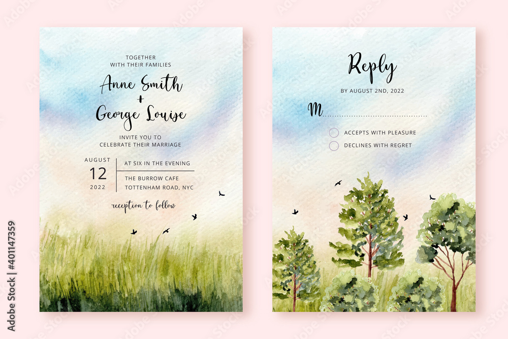 wedding invitation with green nature landscape watercolor