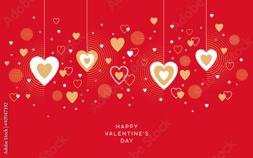 Valentines Day festive design with border made of beautiful hearts and sparkles in modern flat line art style. Bright red background with hearts. Romantic decoration for Valentines day or wedding