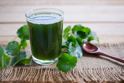 Gotu kola or centella asiatica juice in glass and leave on wood with blur background. herb juice thailand. benefit nourishes the brain, reduce inflammation. Tropical vegetables. drink concept.