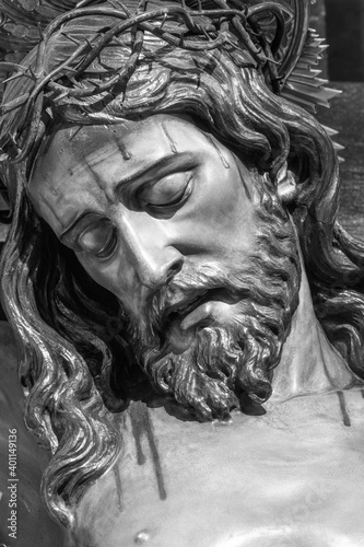 BARCELONA, SPAIN - MARCH 5, 2020: The detail of carved statue of Jesus on the cross in the church Església de la Concepció from 20. cent.