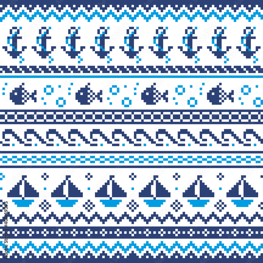 Nautical Scottish Fair Isle style traditional knitwear vector seamless pattern, sailing design with anchors, fish, and boats
Nautical Scottish Fair Isle style traditional knitwear vector seamless pattern, sailing design with anchors, fish, and boats