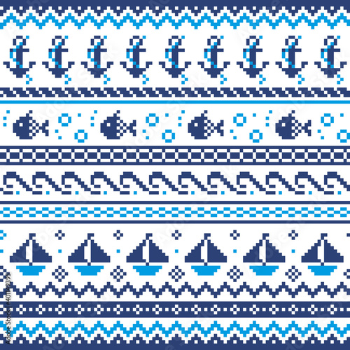 Nautical Scottish Fair Isle style traditional knitwear vector seamless pattern, sailing design with anchors, fish, and boats
