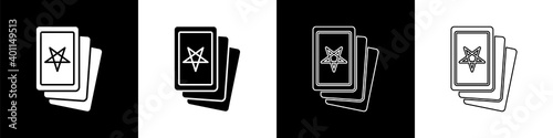 Set Three tarot cards icon isolated on black and white background. Magic occult set of tarot cards. Vector.