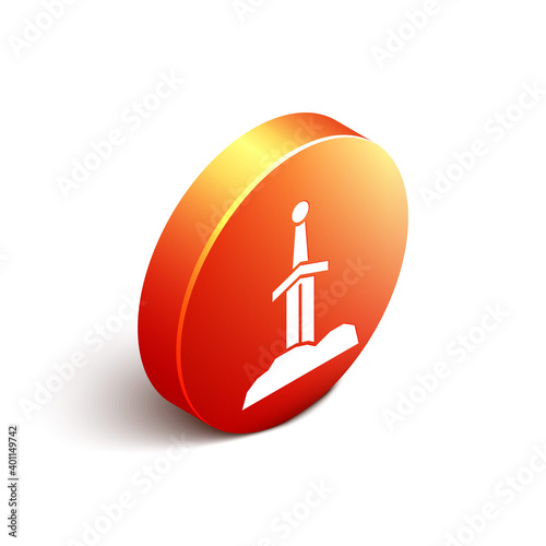 Isometric Sword in the stone icon isolated on white background. Excalibur the sword in the stone from the Arthurian legends. Orange circle button. Vector.