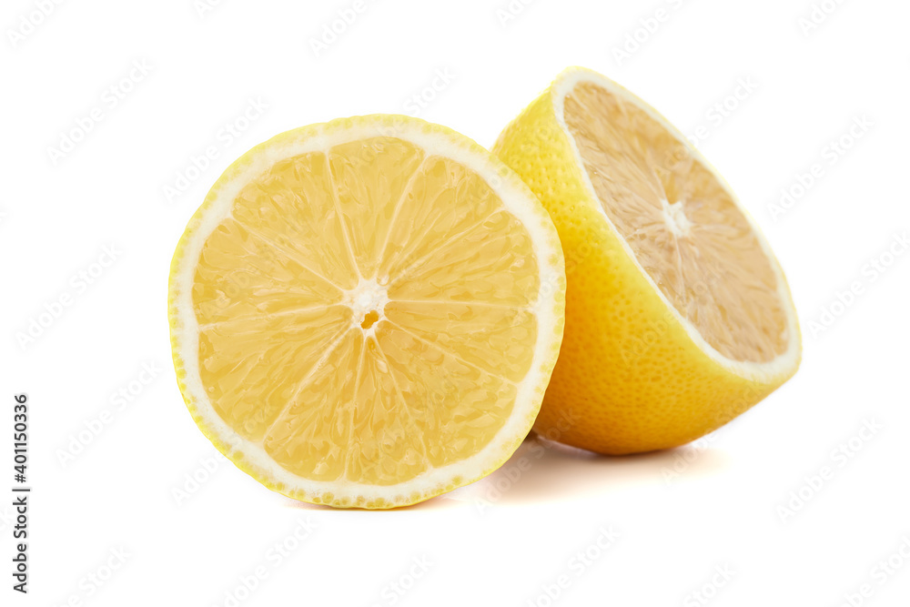 Lemons fruit set. Lemon half and lemon slice isolated on the white background, macro close up