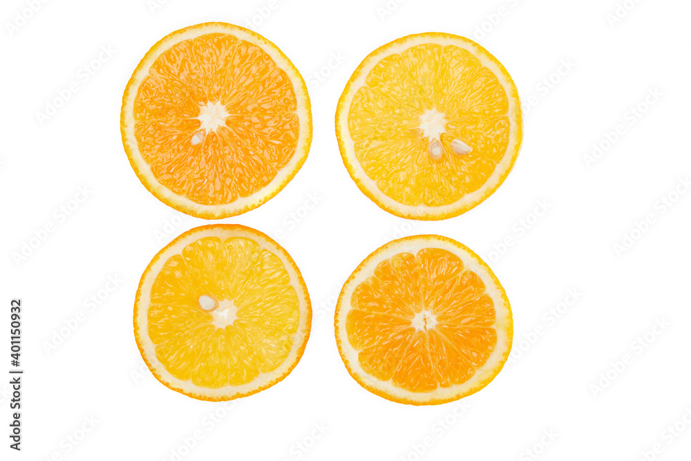 Fresh fruits: Orange slices isolated on the white background, macro close up Fresh fruits: Orange slices isolated on the white background, macro close up