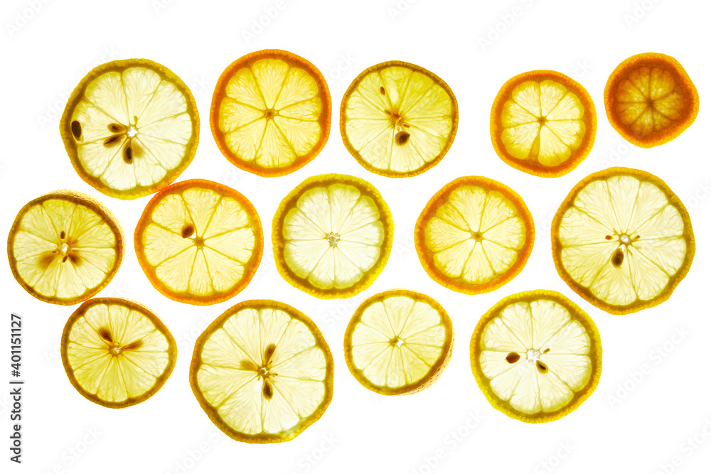 Creative background of citrus: lemon slices. Flat lay macro close-up, top view Creative background of citrus: lemon slices. Flat lay macro close-up, top view