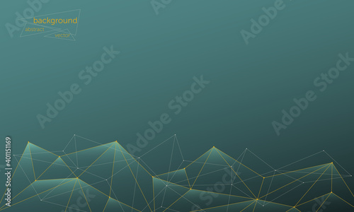 Vector abstract futuristic geometric background. In tide green with low poly mesh in Fortuna Gold. Banner design template, with meta for text. Copyspace.