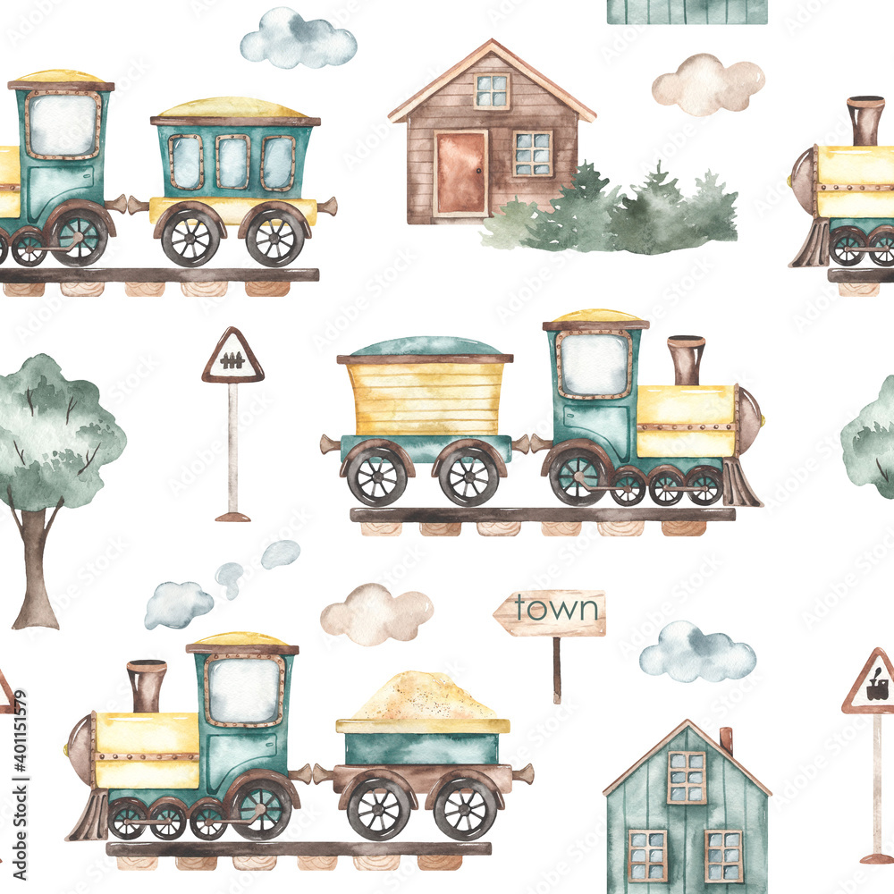 Fototapeta Watercolor seamless pattern with cute cartoon trains, houses, trees, clouds on a white background