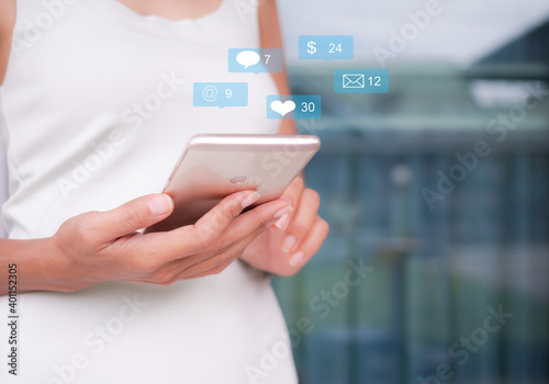 Social media with blocker hand woman use mobile or smartphone for working through network, shopping online, talk to friends. business concept.