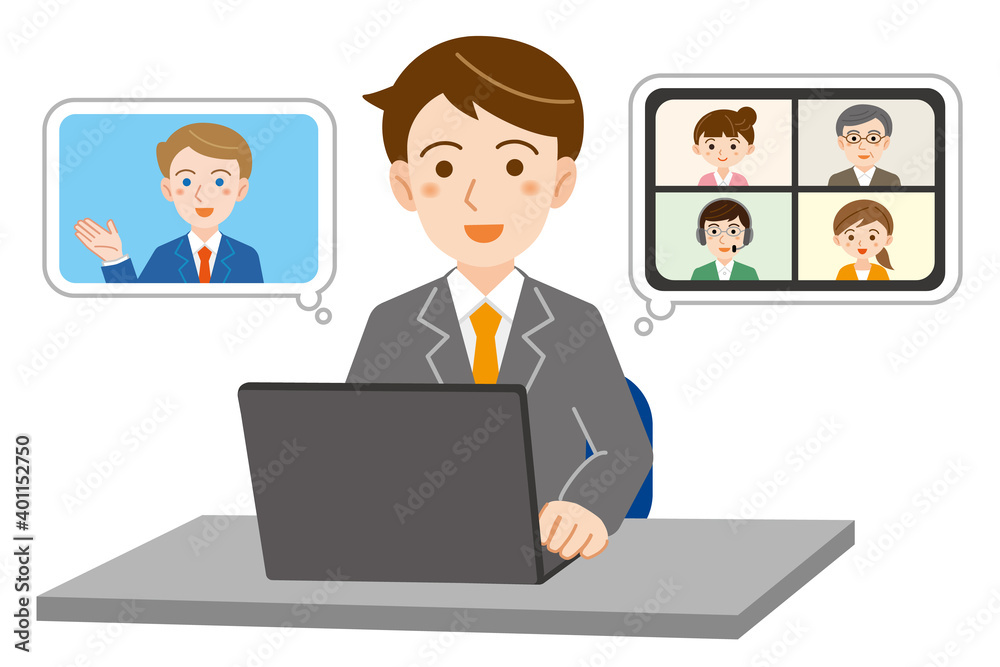 ノートパソコンでオンライン作業をするスーツ姿の若い男性のイラスト/白背景