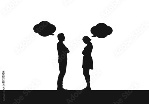 Silhouette of a young couple man and woman in a dispute or dialogue. Speech bubbles isolated on white background, vector