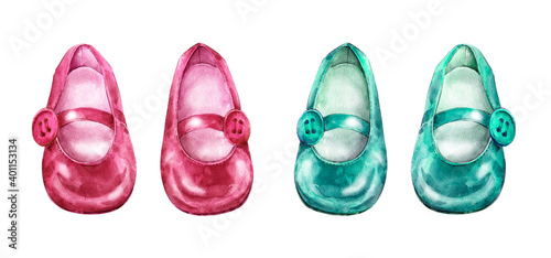 Shoes for girls.Fashionable footwear.Kids shoes isolated on white background.Watercolor illustration.
