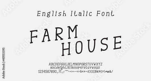 Original hand drawn serif italic font. Black thin linear condensed alphabet letters, numbers, symbols and marks. Creative style typography