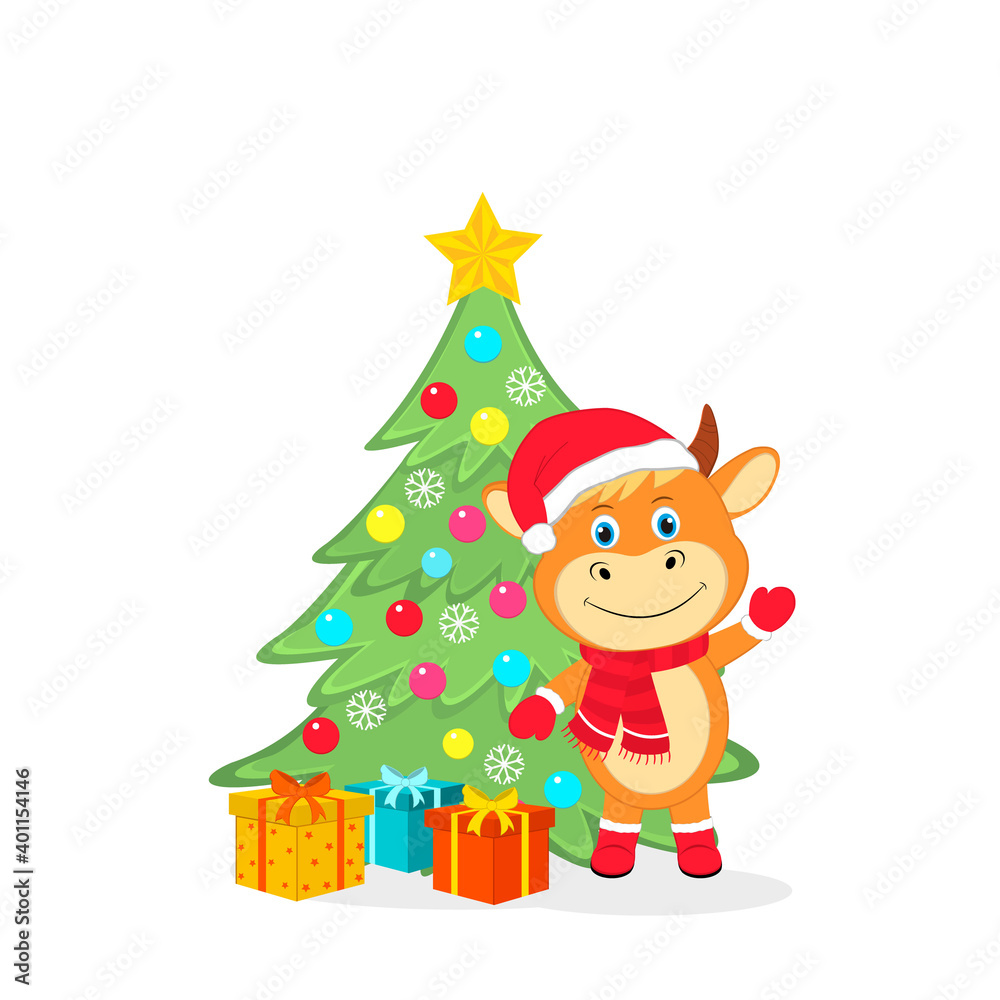 bull, christmas tree and gifts