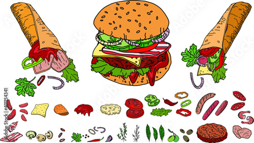 Burger and it's components isolated on white background