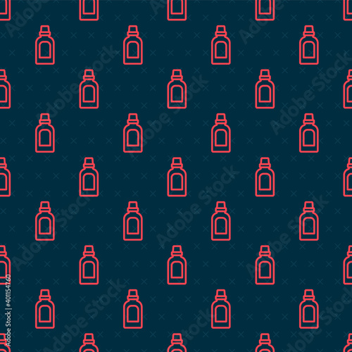 Red line Plastic bottle for laundry detergent, bleach, dishwashing liquid or another cleaning agent icon isolated seamless pattern on black background. Vector.