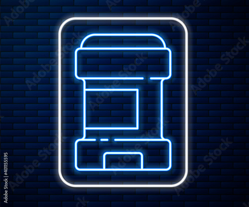 Glowing neon line Antiperspirant deodorant roll icon isolated on brick wall background. Cosmetic for body hygiene. Vector.