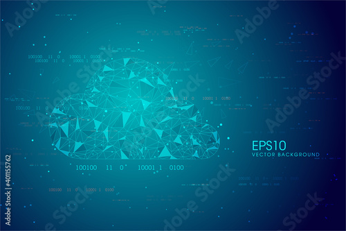 Cloud technology. Polygonal wire-frame cloud network connection on dark blue with dots. Cloud computing, big data Concept. Vector illustration