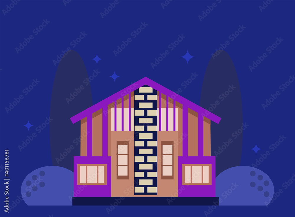 Ecological house in green bushes. Night lighting. Cute house, drawn in cartoon style, isolated on a dark blue background. Vector illustration of a night eco house in a flat style.