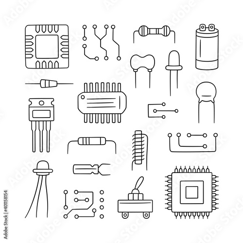 Electronic radio components. Set of microchip, diode, transistor capacitor, resistor. Computer parts. Hand drawn vector illustration