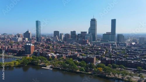 Boston Back Bay modern city skyline including John Hancock Tower, Prudential Tower, and Four Season Hotel at One Dalton Street in Boston, Massachusetts MA, USA.  