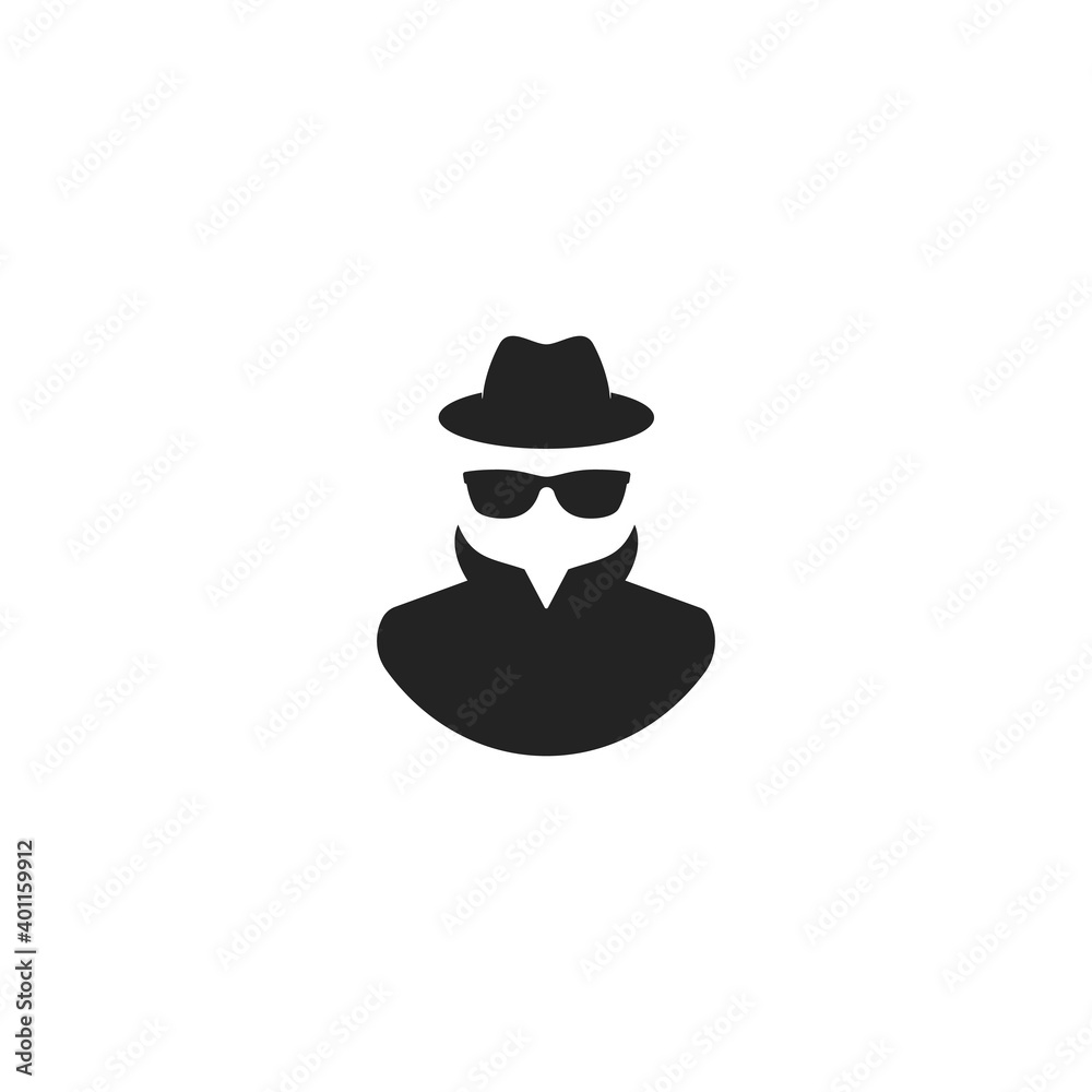 Agent icon. Spy sunglasses. Hat and glasses stock vector illustration flat style on white background