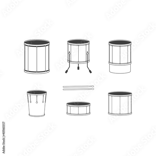 vector dark outline drum set on white background bass tom-tom ride cymbal set